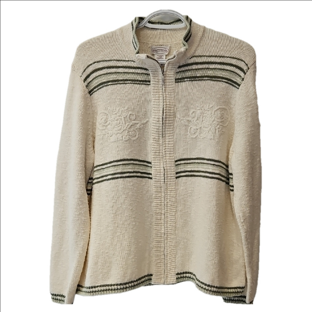 Northern Reflections Sweater Full Zip Cream Green Stripes L/S Mock Collar